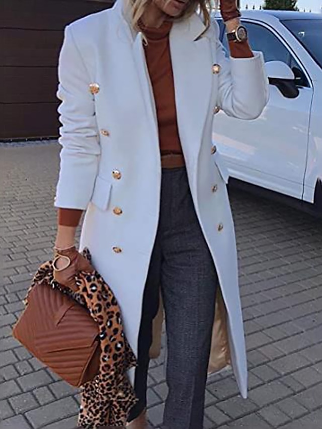  Women's Winter Coat Long Overcoat Double Breasted Lapel Pea Coat Thermal Warm Windproof Trench Coat with Pockets Elegant Slim Fit Lady Jacket Fall Outerwear White Pink Khaki