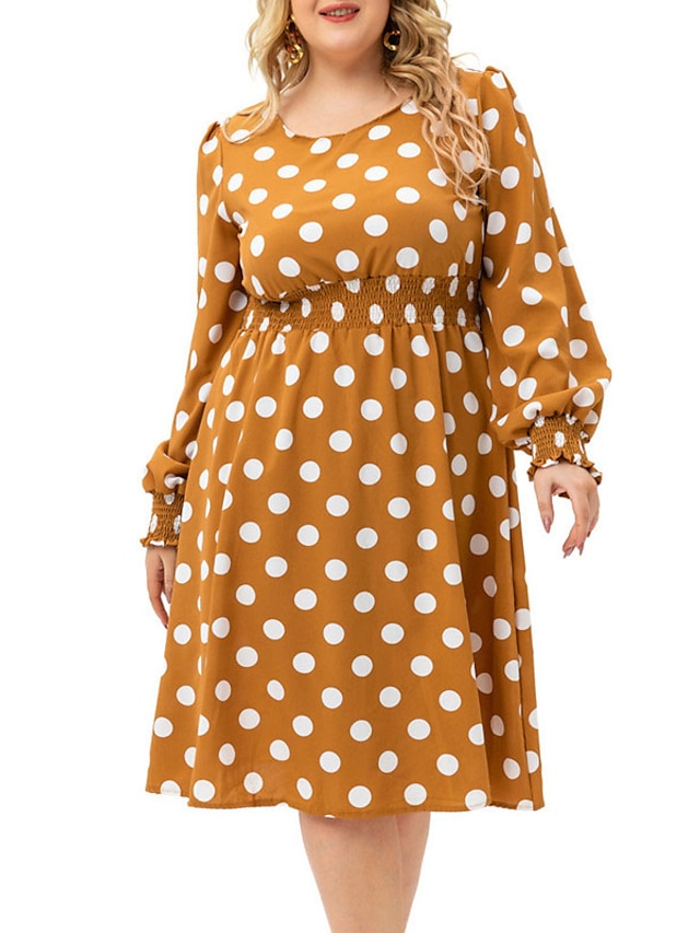 Womens Clothing Plus Size Collection | Womens Plus Size A Line Dress Polka Dot Round Neck Print Long Sleeve Fall Casual Knee Len