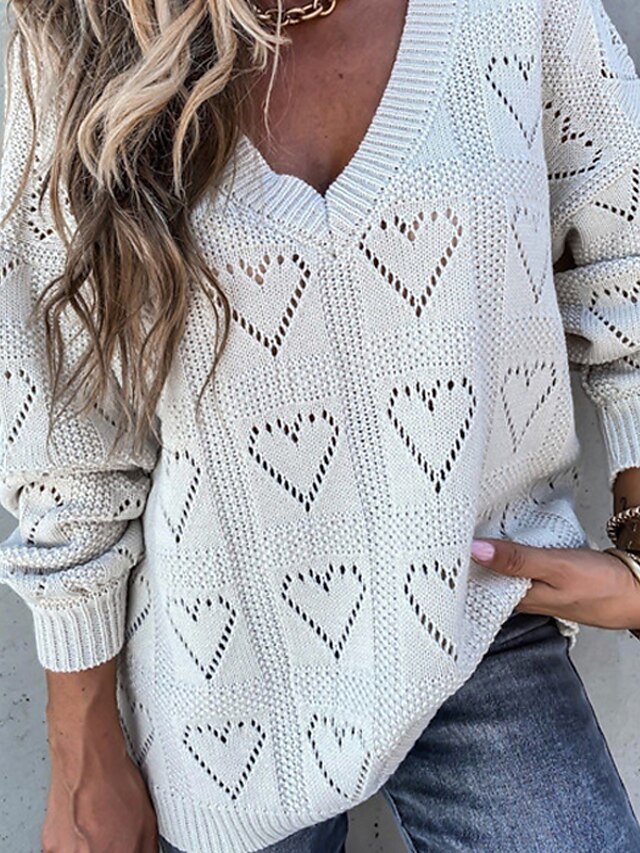 Womens Clothing Sweaters & Cardigans | Womens Sweater Pullover Jumper Knitted Hole LOVE Heart Pure Color Stylish Casual Soft Lon