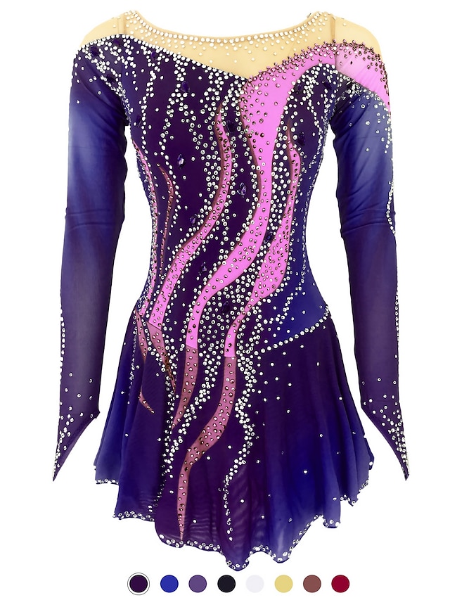  Figure Skating Dress Women's Girls' Ice Skating Dress Outfits Yan pink Violet White / White Open Back Spandex High Elasticity Training Skating Wear Handmade Solid Colored Classic Crystal / Rhinestone