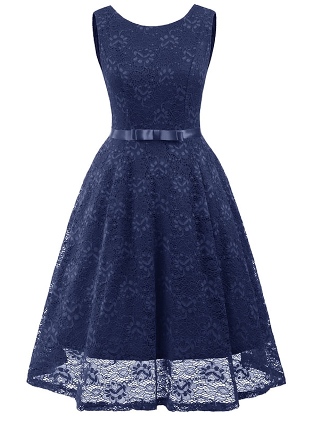 Womens Clothing Womens Dresses | Womens A Line Dress Knee Length Dress Wine Navy Blue Beige Sleeveless Solid Color Lace Bow Fall