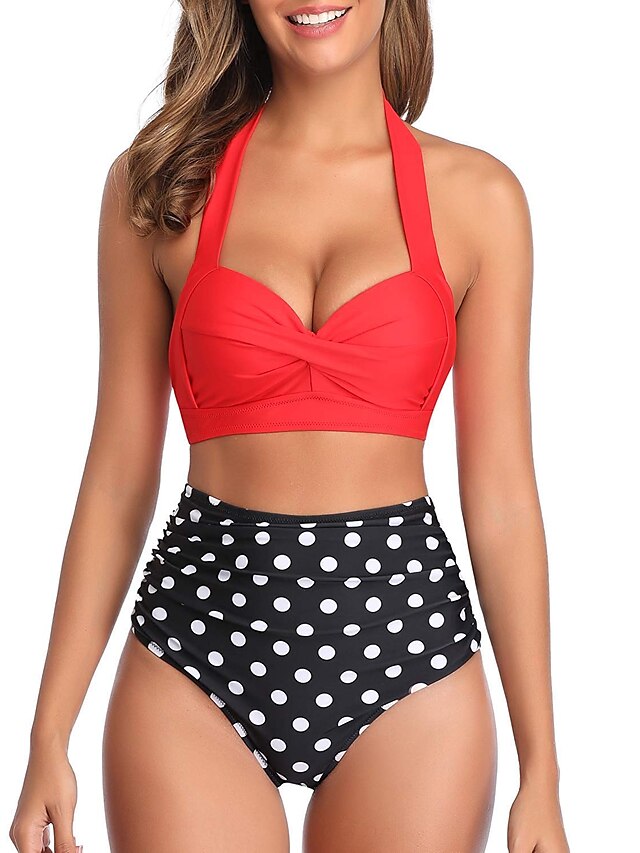 Womens Clothing Womens Swimwear | Womens Swimwear Bikini 2 Piece Normal Swimsuit High Waist Halter Push Up Geometric Wave dot + 