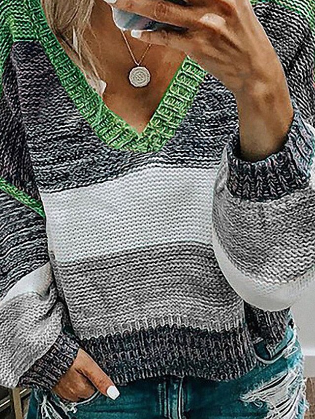 Womens Clothing Sweaters & Cardigans | Womens Sweater Jumper crochet Knit Knitted Striped V Neck Stylish Casual Daily Weekend Fa