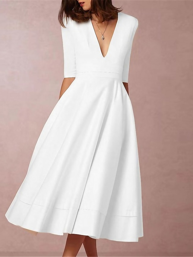  γυναικείο ημι επίσημο φόρεμα πάρτι φόρεμα κούνιας μίντι φόρεμα πράσινο λευκό μισό μανίκι καθαρό χρώμα φθινοπωρινό άνοιξη βαθύ v hot κομψό slim 2023 s m l xl xxl 3xl / καλεσμένος γάμου / λευκό φόρεμα