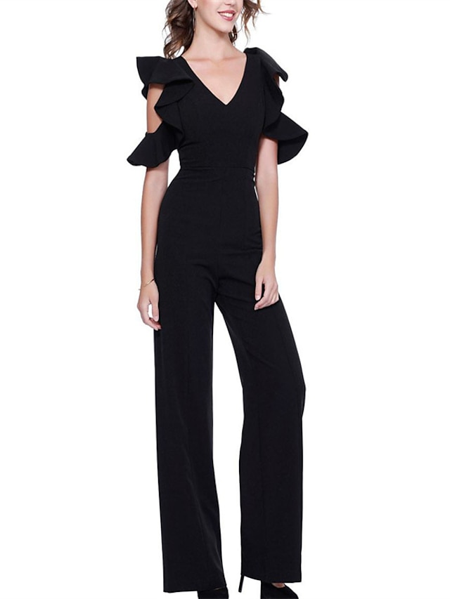  Women's Casual Streetwear Street Daily Wear V Neck Ruffle Black Fuchsia Jumpsuit Solid Colored Ruffle Cut Out