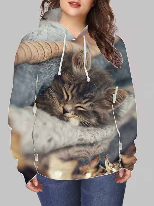 Womens Clothing Plus Size Collection | Womens Plus Size Tops Hoodie Sweatshirt Cat Graphic Print Long Sleeve V Neck Streetwear D