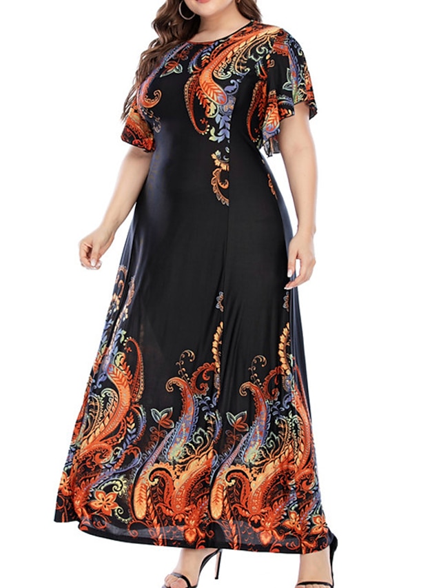 Womens Clothing Plus Size Collection | Womens Plus Size A Line Dress Floral Round Neck Print Short Sleeve Fall Summer Casual Boh