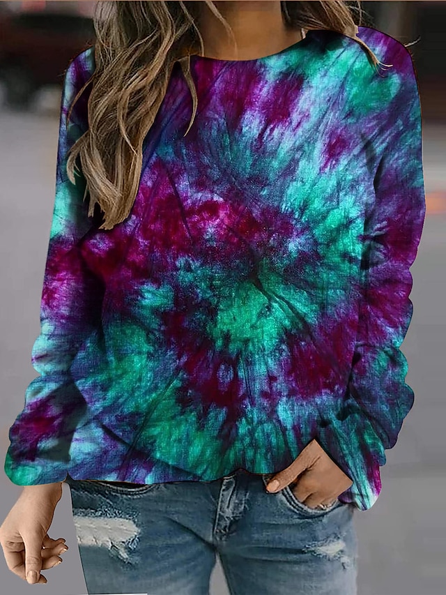  Women's Sweatshirt Pullover Tie Dye Daily Sports Print Purple Active Streetwear Round Neck Long Sleeve Without Lining Micro-elastic Fall & Winter