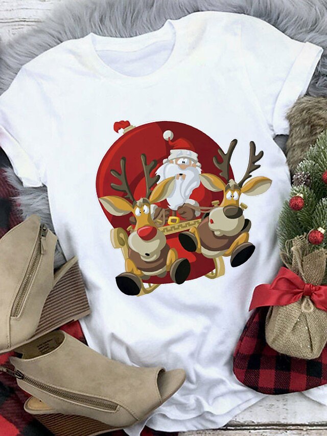 Womens Clothing Plus Size Collection | Womens Plus Size Tops T shirt Cartoon Deer Print Short Sleeve Crewneck Streetwear Christm