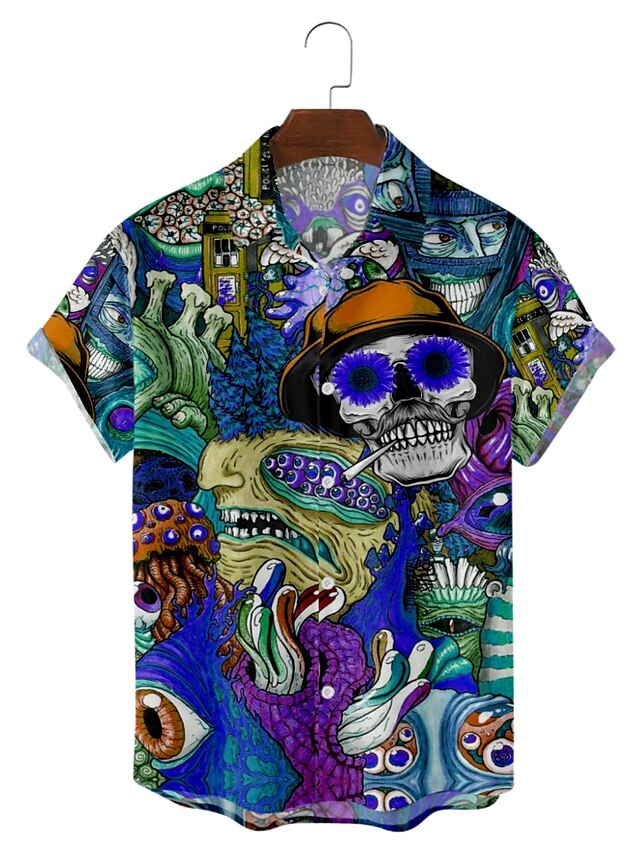  suoyi men's individual design skull flower print short sleeve casual loose beach hawaiian shirt hawaiian blue
