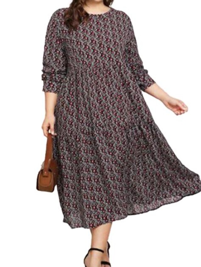 Womens Clothing Plus Size Collection | Womens Plus Size Sheath Dress Florals Round Neck Long Sleeve Fall Spring Casual Floral Ma