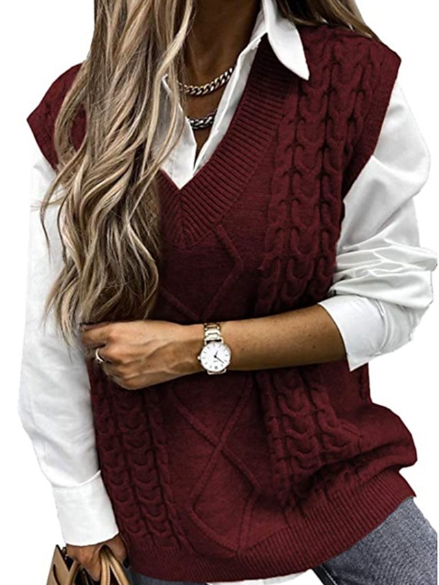 Womens Clothing Sweaters & Cardigans | Womens Vest Jumper cable Knit Tunic Knitted Solid Color V Neck Stylish Basic Home Daily F