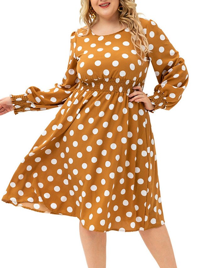 Womens Clothing Plus Size Collection | Womens Plus Size A Line Dress Polka Dot Round Neck Print Long Sleeve Fall Casual Knee Len