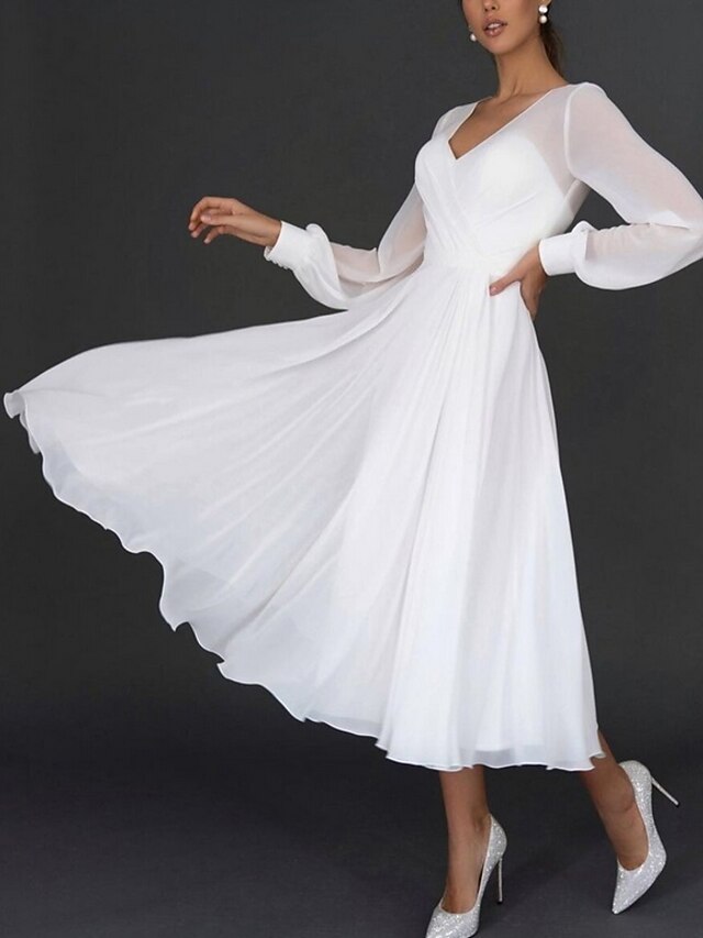 Reception Little White Dress Bridal Shower Dresses Wedding Dresses A-Line V Neck Long Sleeve Tea Length Chiffon Bridal Gowns With Pleats 5