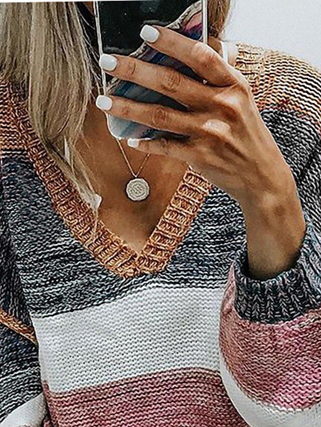 Womens Clothing Sweaters & Cardigans | Womens Sweater Jumper crochet Knit Knitted Striped V Neck Stylish Casual Daily Weekend Fa