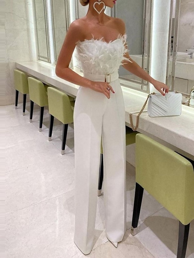  Women's Party Elegant Sexy Evening Party High Waist White Jumpsuit Solid Color Backless Office Strapless Long Romper