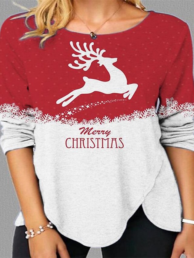  Women's 3D Printed T shirt Reindeer Animal Print Round Neck Basic Tops Red
