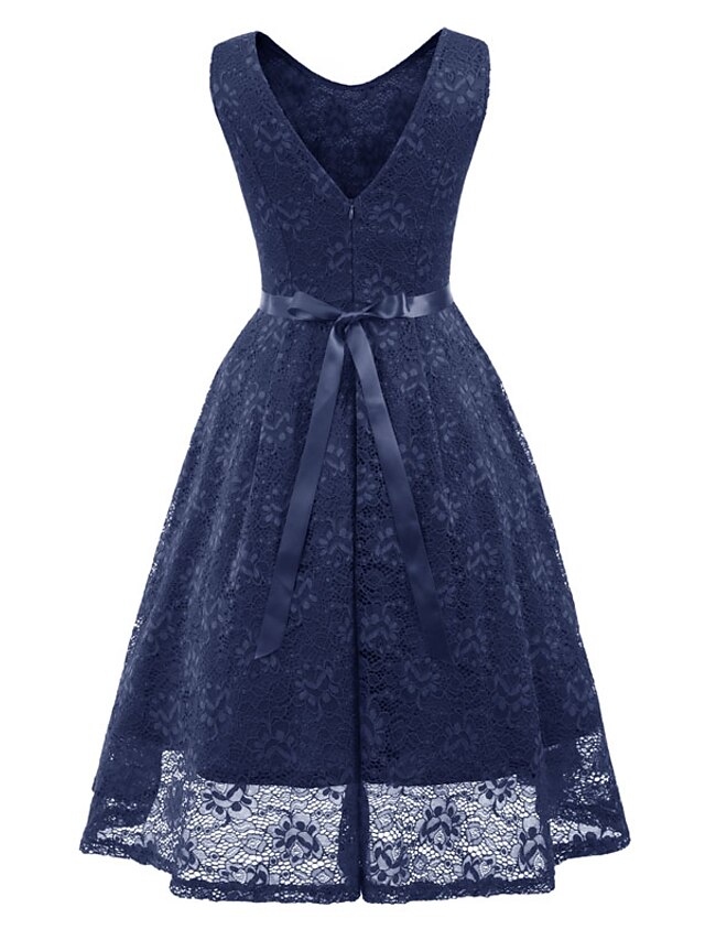 Womens Clothing Womens Dresses | Womens A Line Dress Knee Length Dress Wine Navy Blue Beige Sleeveless Solid Color Lace Bow Fall