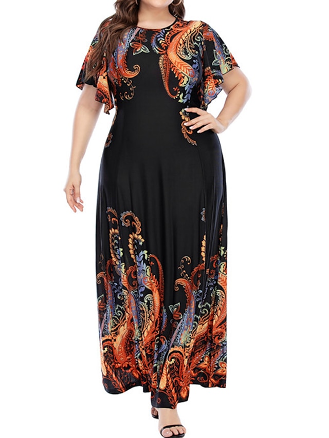 Womens Clothing Plus Size Collection | Womens Plus Size A Line Dress Floral Round Neck Print Short Sleeve Fall Summer Casual Boh