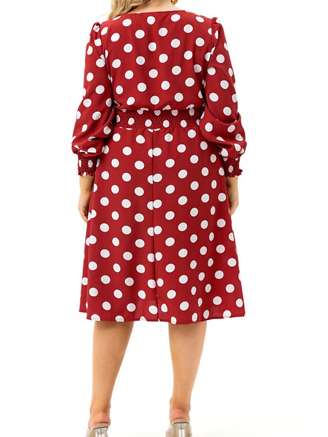 Womens Clothing Plus Size Collection | Womens Plus Size A Line Dress Polka Dot Round Neck Print Long Sleeve Fall Casual Knee Len