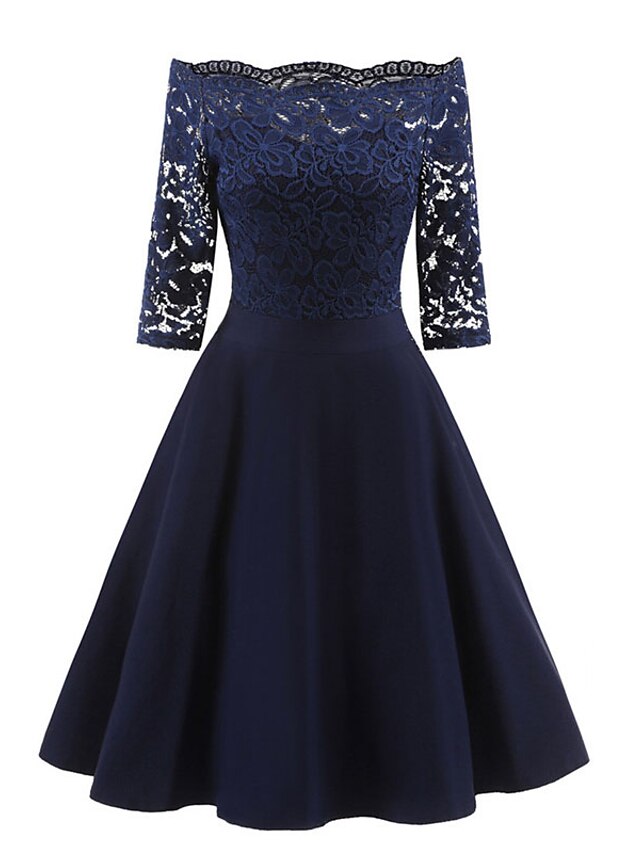 Womens Clothing Womens Dresses | Womens A Line Dress Knee Length Dress Wine Navy Blue Half Sleeve Solid Color Lace Bow Fall Wint