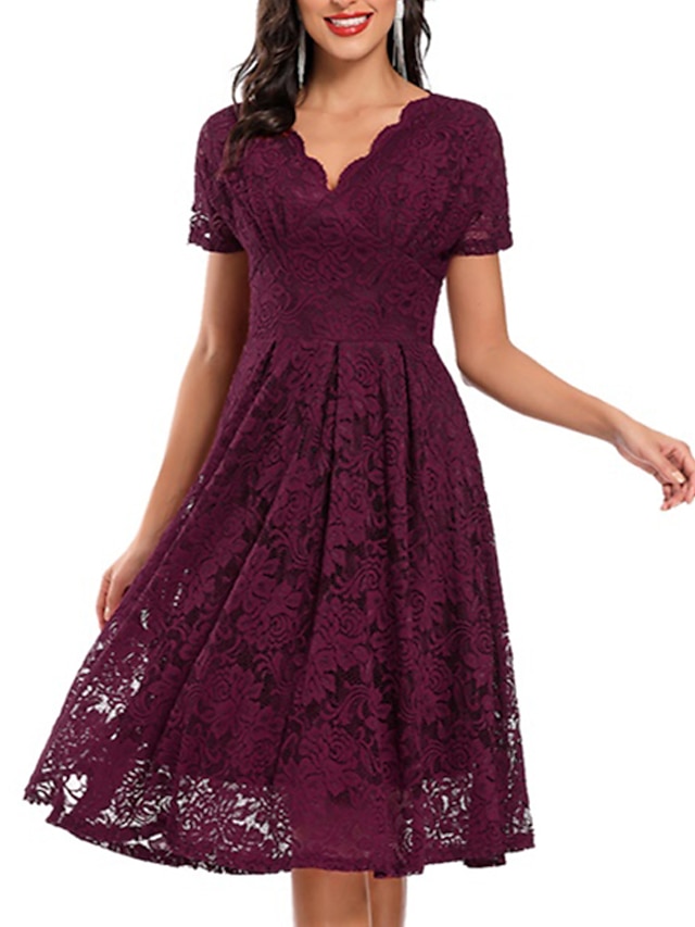 Womens Clothing Womens Dresses | Womens A Line Dress Knee Length Dress Pink Wine Navy Blue Beige Short Sleeve Solid Color Lace F