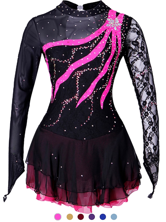  Figure Skating Dress Women's Girls' Ice Skating Dress Outfits Black Yellow Red Spandex Lace Competition Skating Wear Handmade Solid Colored Fashion Long Sleeve Ice Skating Figure Skating