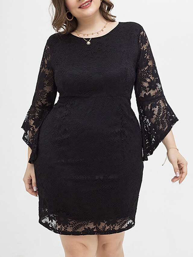 Womens Clothing Plus Size Collection | Womens Plus Size Sheath Dress Solid Color Round Neck Lace Long Sleeve Fall Summer Work Ca