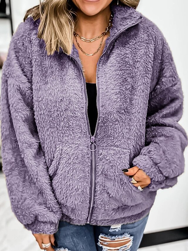 Womens Clothing Womens Outerwear | Womens Teddy Coat Sherpa jacket Fleece Jacket Regular Quilted Coat Black Blue Gray Purple Kha