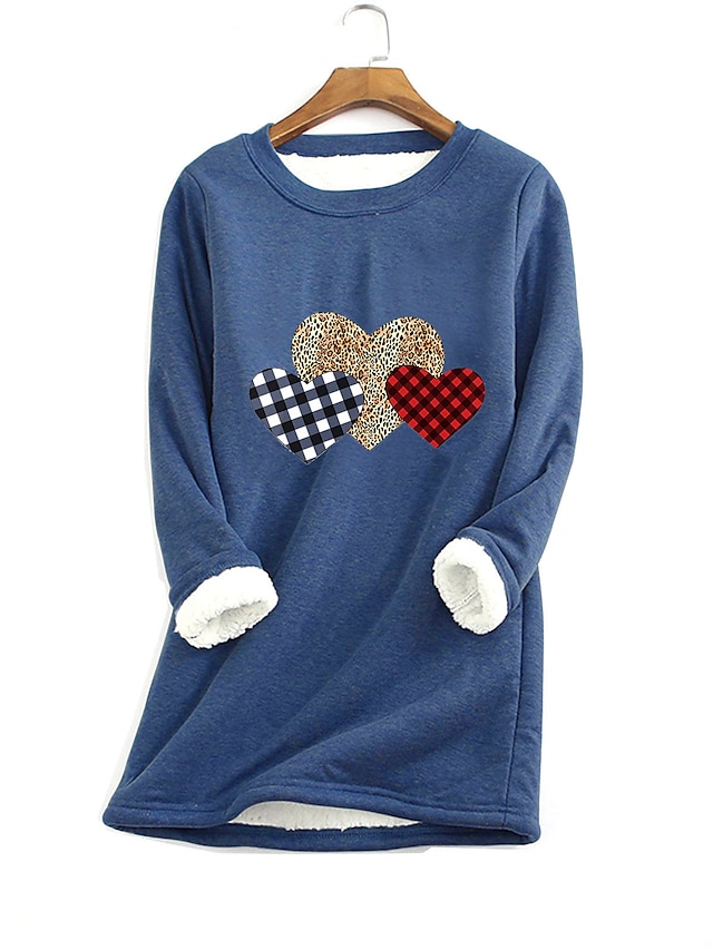 Womens Clothing Plus Size Collection | Womens Plus Size Tops Pullover Sweatshirt Heart Print Long Sleeve Round Neck Hoodie Valen