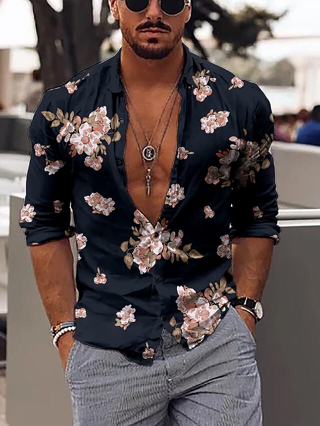  Men's Summer Hawaiian Shirt Shirt Floral Collar Street Daily Button-Down Print Long Sleeve Regular Fit Tops Designer Casual Fashion Breathable Black Dark Gray Red