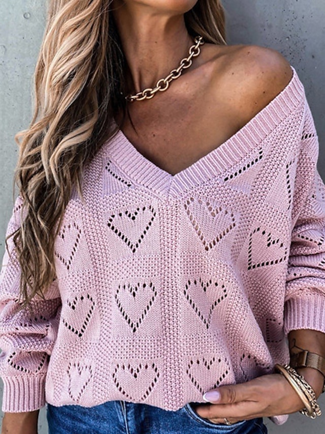 Womens Clothing Sweaters & Cardigans | Womens Sweater Pullover Jumper Knitted Hole LOVE Heart Pure Color Stylish Casual Soft Lon