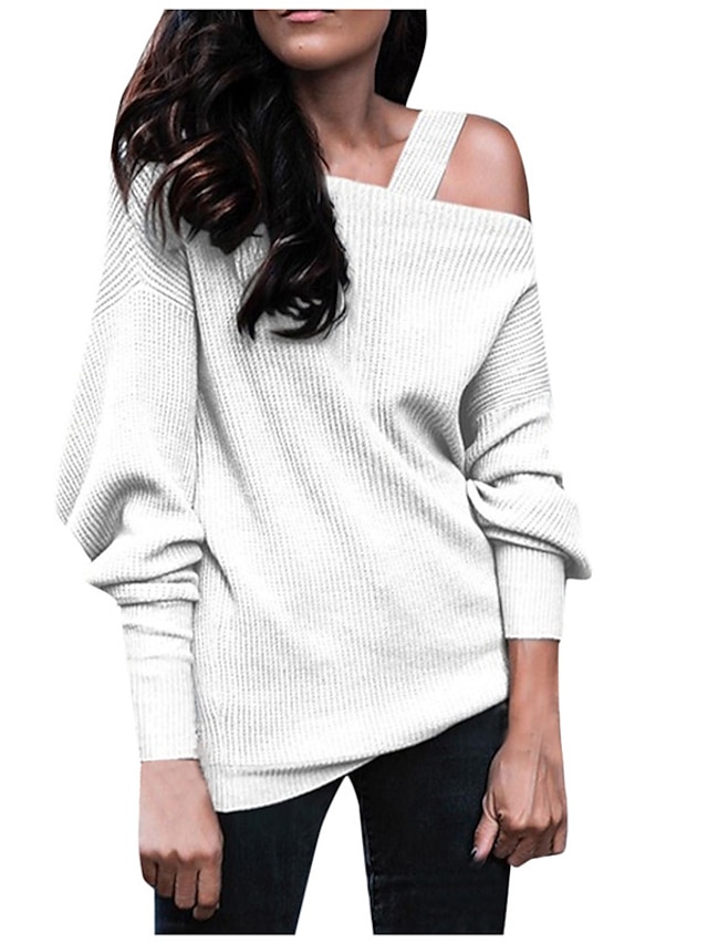 Womens Clothing Sweaters & Cardigans | Womens Pullover Sweater Jumper Knit Tunic Knitted Hole Solid Color One Shoulder Stylish B