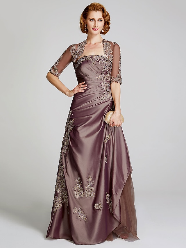  A-Line Mother of the Bride Dress Wrap Included Strapless Floor Length Taffeta Beaded Lace Half Sleeve with Beading Appliques Side Draping 2022