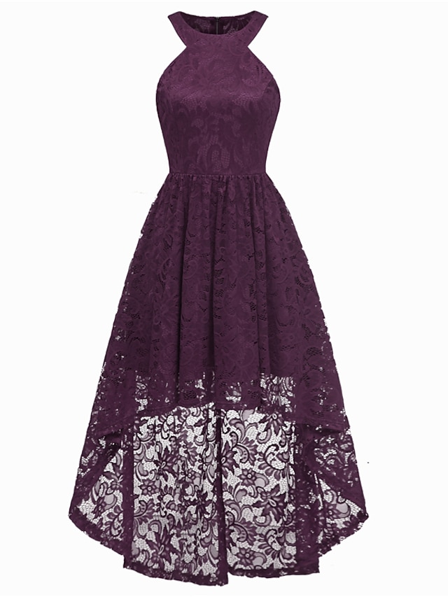 Womens Clothing Womens Dresses | Womens A Line Dress Midi Dress Purple Wine Sleeveless Solid Color Lace Plus High Low Hollow To 