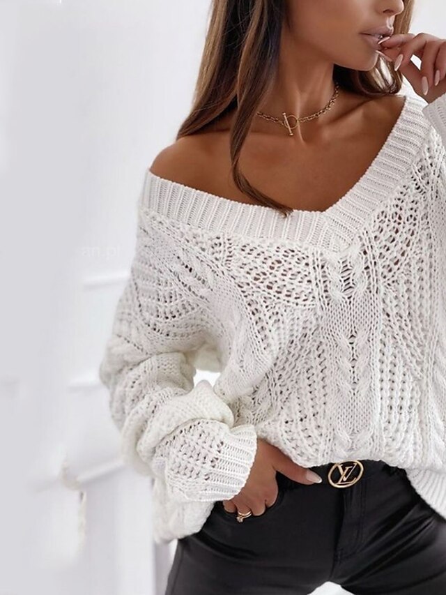 Womens Clothing Sweaters & Cardigans | Womens Sweater Jumper crochet Knit Knitted Hole Solid Color Deep V Stylish Casual Daily D