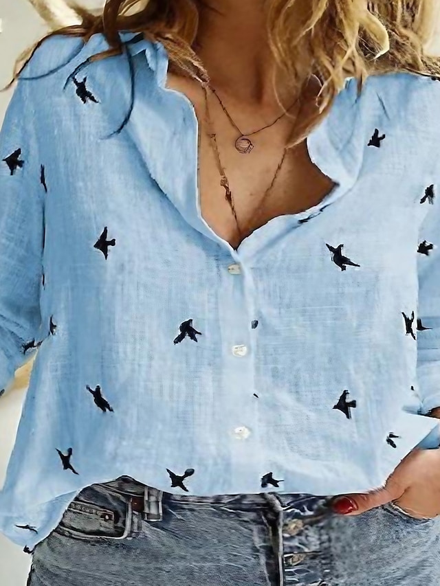 Womens Clothing Plus Size Collection | Womens Plus Size Tops Shirt Stars Long Sleeve Shirt Collar Causal Daily Linen Blue White 