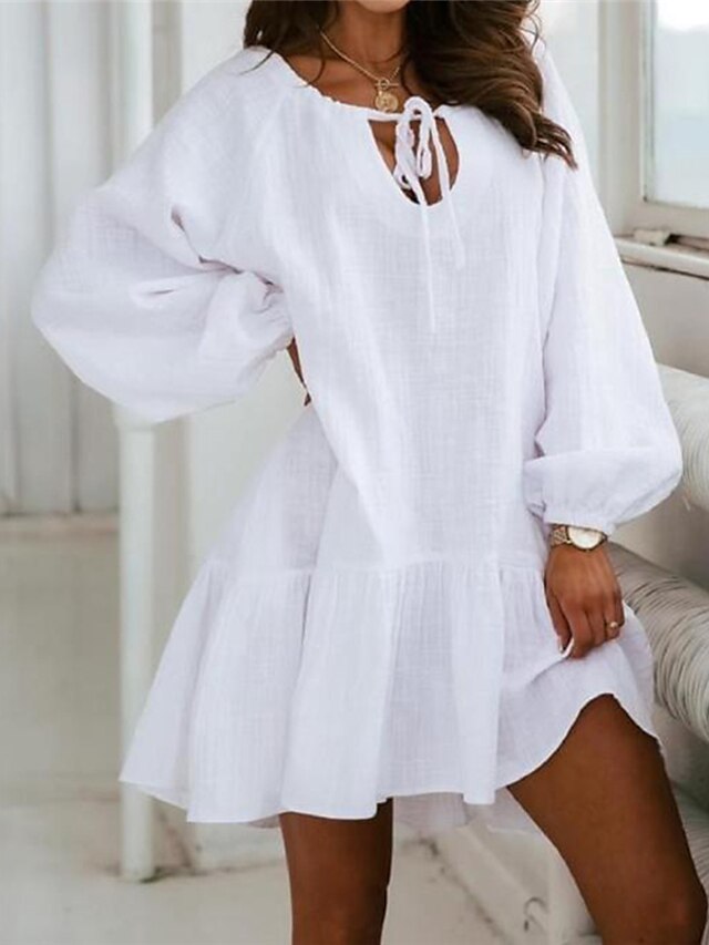 Womens Clothing Womens Dresses | Womens Shift Dress Short Mini Dress White Black Apricot Long Sleeve Pure Color Drawstring Fall 