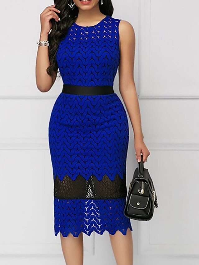 Womens Clothing Womens Dresses | Womens Sheath Dress Knee Length Dress Blue Sleeveless Color Block Lace Patchwork Fall Summer Ro