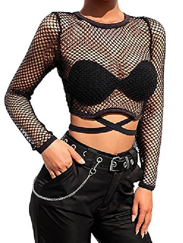 lightinthebox.com | women 's long sleeve mesh sexy crop tops crew neck fishnet cutout see through t-shirts (black, small) #8846733