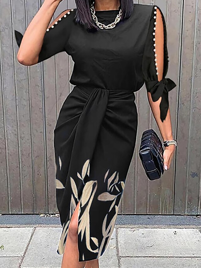 Womens Clothing Womens Dresses | Womens Sheath Dress Midi Dress Black Wine Dark Blue 3/4 Length Sleeve Floral Split Hollow Out L