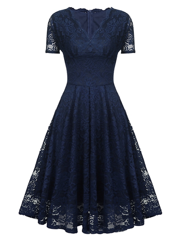 Womens Clothing Womens Dresses | Womens A Line Dress Knee Length Dress Pink Wine Navy Blue Beige Short Sleeve Solid Color Lace F