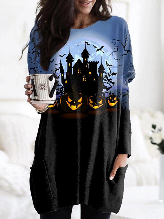  Women's T shirt Tee Halloween Shirt Tunic Blue Purple Green Graphic Pumpkin Pocket Print Long Sleeve Halloween Weekend Basic Halloween Round Neck Regular Fit Floral Abstract Painting Fall & Winter