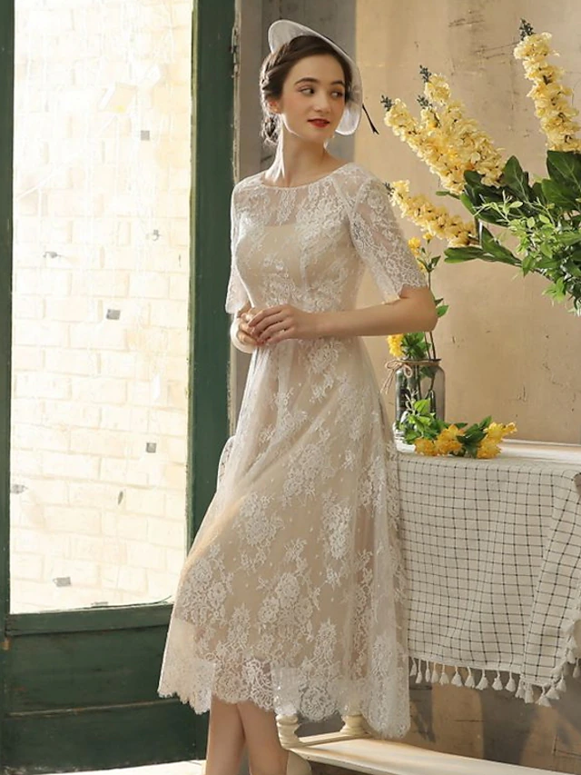 Reception Little White Dress Bridal Shower Dresses Wedding Dresses in Color Wedding Dresses A-Line Illusion Neck Half Sleeve Tea Length Lace Bridal Gowns With Sash / Ribbon Appliques 6