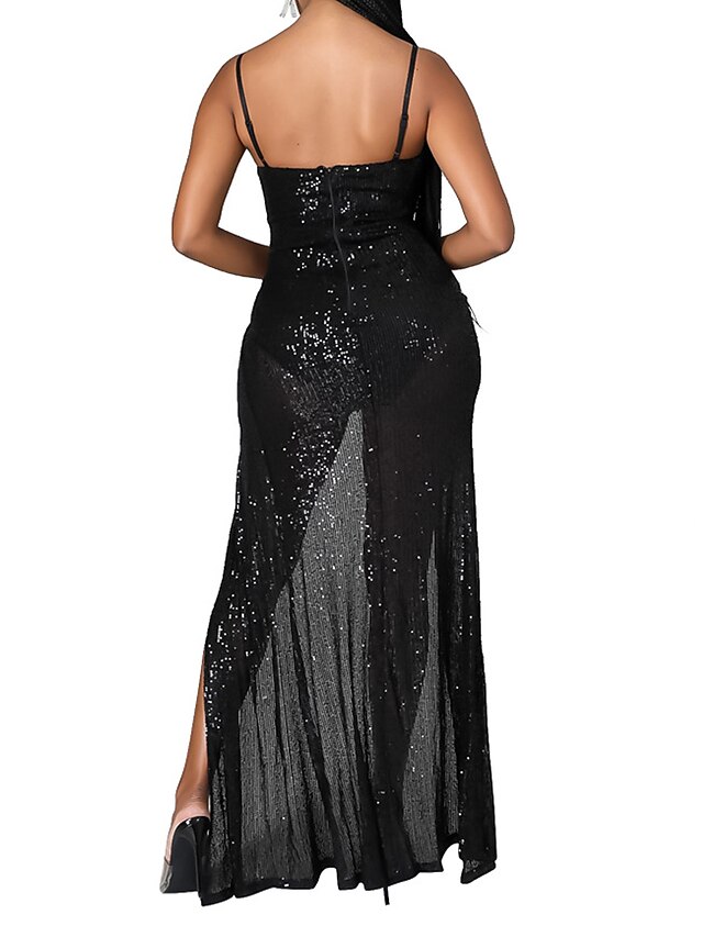 Womens Clothing Womens Dresses | Womens Strap Dress Maxi long Dress Black Beige Sleeveless Solid Color Backless Sequins Split Fa