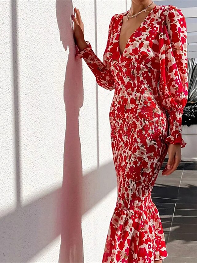 Womens Clothing Womens Dresses | Womens Bodycon Midi Dress Red Long Sleeve Floral Ruffle Print Spring Summer V Neck Stylish Eleg