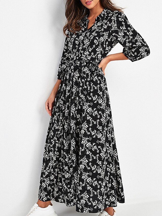 Womens Clothing Womens Dresses | Womens Swing Dress Maxi long Dress Black Long Sleeve Floral Print Fall Spring V Neck Casual Boh