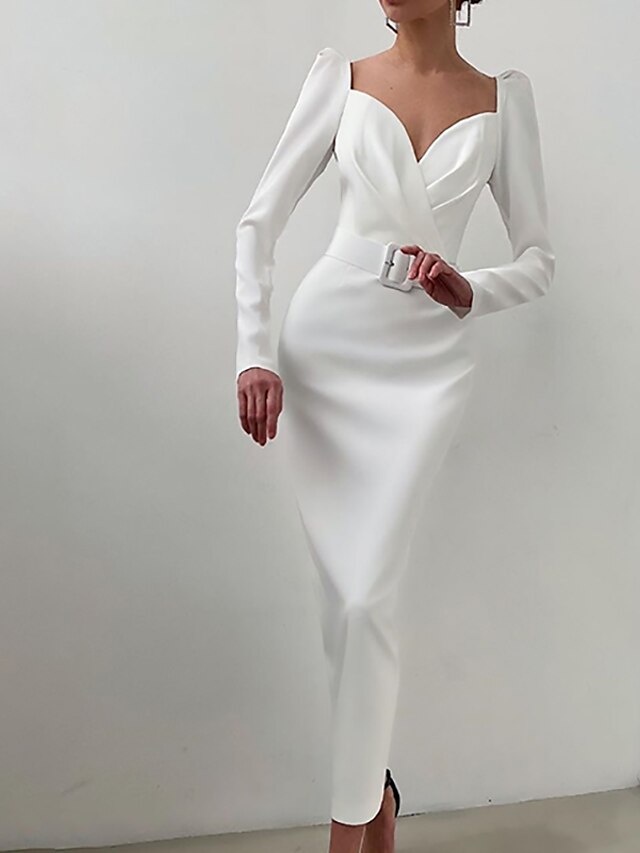 Womens Clothing Womens Dresses | Womens A Line Dress Maxi long Dress White Black Red Long Sleeve Solid Color Ruched Fall Winter 