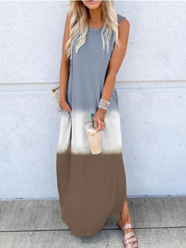 Womens Clothing Womens Dresses | Womens Shift Dress Maxi long Dress Green Wine Khaki Light Blue Sleeveless Striped Color Gradien