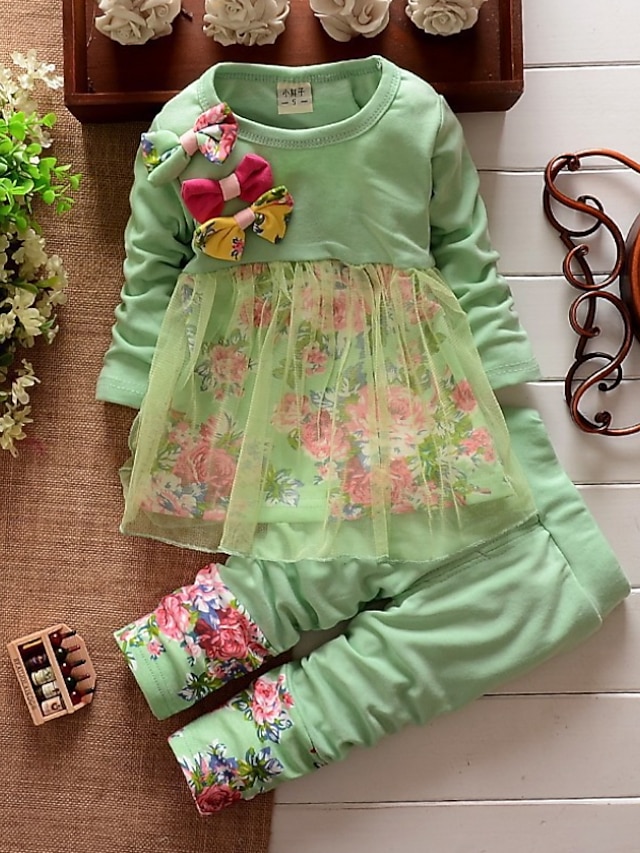 Baby & Kids Girls Clothing | Kids Girls Clothing Set 2 Pieces Long Sleeve Green Pink Red Print Ruched Print Cotton Casual Daily 